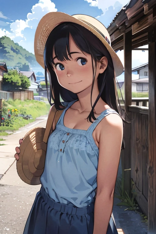 One Girl、、Healthy girl、Strong sunlight、Summer sun、cumulonimbus、Blue sky、Japanese countryside、Rural Station、Old station building、誰もいない駅でOne Girlが電車を待っている、Standing on Home、Looking up at the sky、Looking into the distance、Smiling、Slender, small breast, Cleavage, Shoulder Bare、T-shirt and short andals、Straw hat、Long hair fluttering in the wind、Super cute、Clear skin、Sparkling Eyes