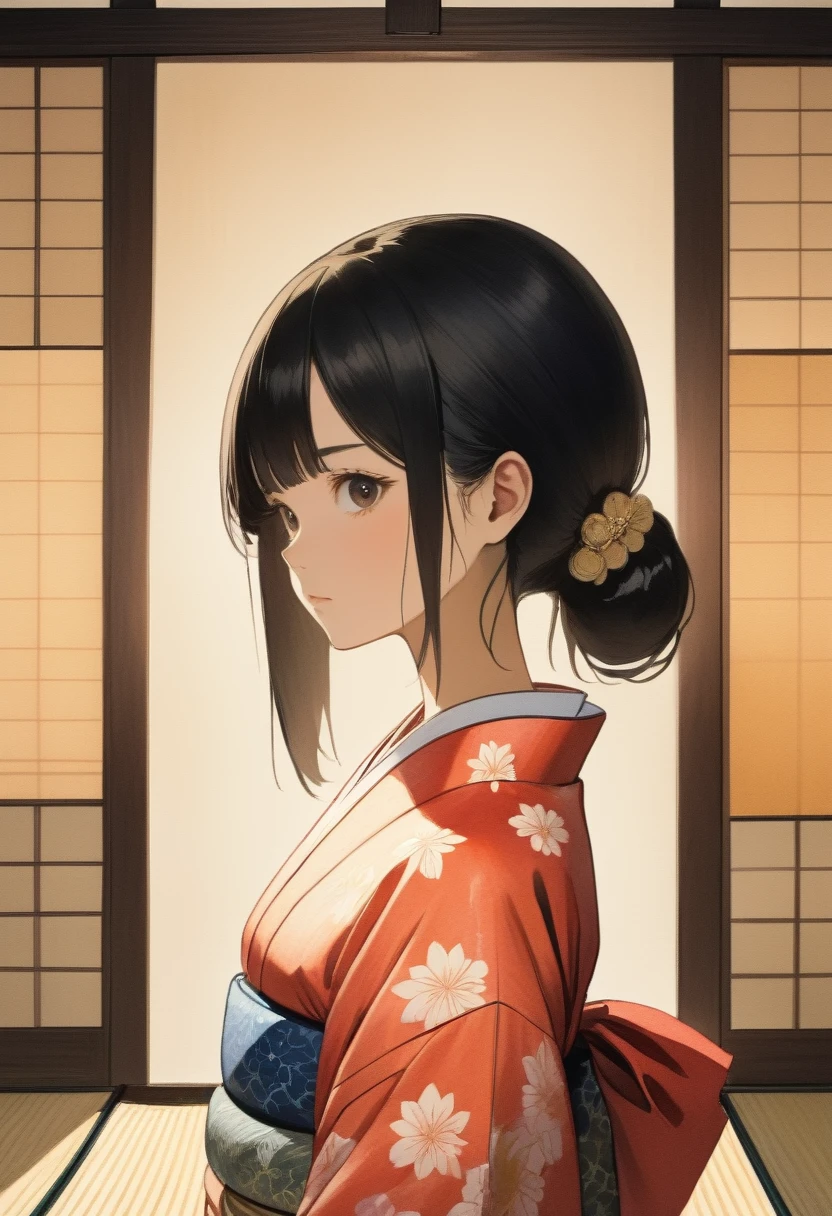 Pencil outline watercolor painting, a Japanese girl, straight black hair, traditional hair ornament, yukata, symmetrical, ephemeral, serious face, silhouette, standing on tatami, from front, look at viewer,