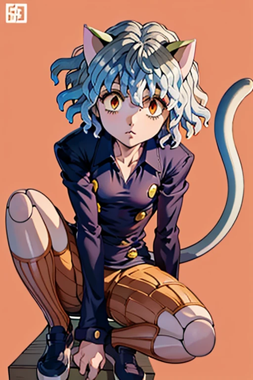 (masterpiece, Highest quality), One girl, NeferpitouDef, orange eyes, Gray Hair, short hair, Wavy Hair, bangs, Curly Hair, Animal ears, Hair between the eyes, chest, medium chest, Cat girl, cat tail, tail, Cat ear, joint, doll joint, shirt, Long sleeve, pantyhose, shorts, collared shirt, blue shirt, question mark, brown shorts, orange shorts, shoes, shoes下, Other Focus, Hunter x Hunter, Neferpitou, More doll joint*, (joint:1.4) or (doll joint:1.4)