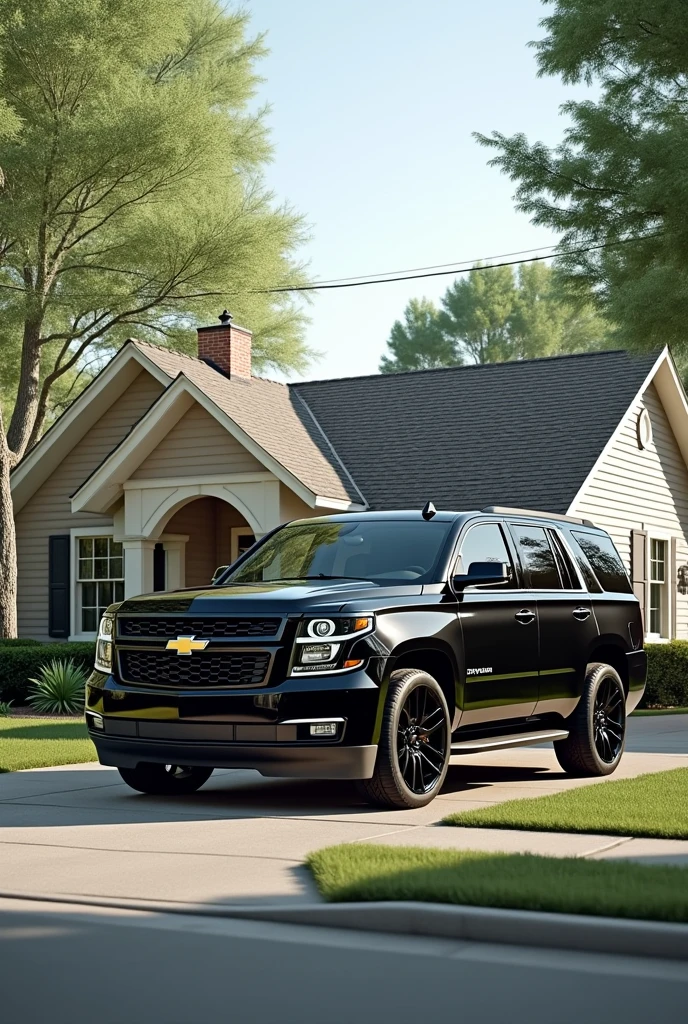 Modest basic home in collierville Tennessee with a black 2016 Tahoe truck with black rims. *HYPER REALISTIC*