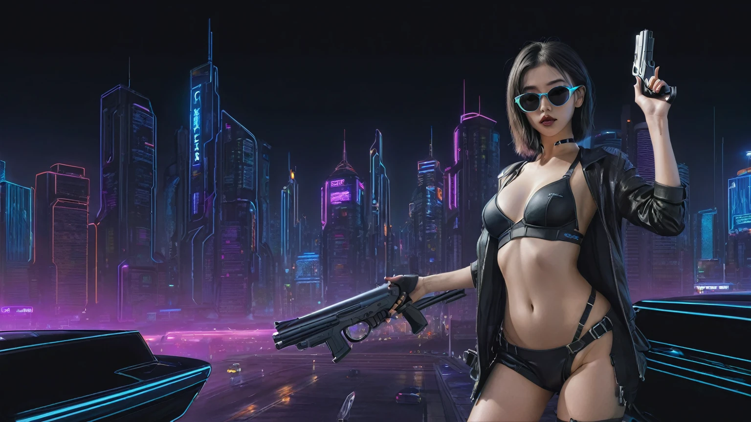 At night, simple outlined cyberpunk city, flying cars, line art background. (1girl, solo), photo realistic, medium-breast:1.3 slim body, cleavage, sling top, miniskirt, black sunglasses, holding a short gun, half-body thigh level medium shot, cinematic lighting, ray tracing.