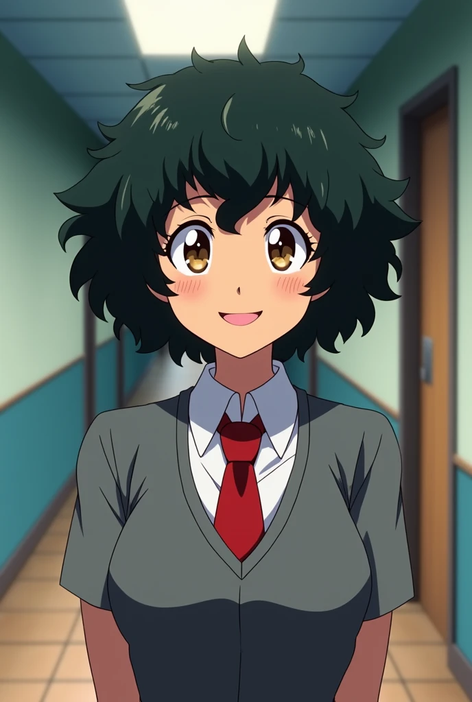 Boku no hero academia screenshot, beautiful woman, brown skin, short black hair curly hair type, slanted eyes , Brown eyes , happy expression on his face , grey uniform red tie , school hallway background, looking to the camera.