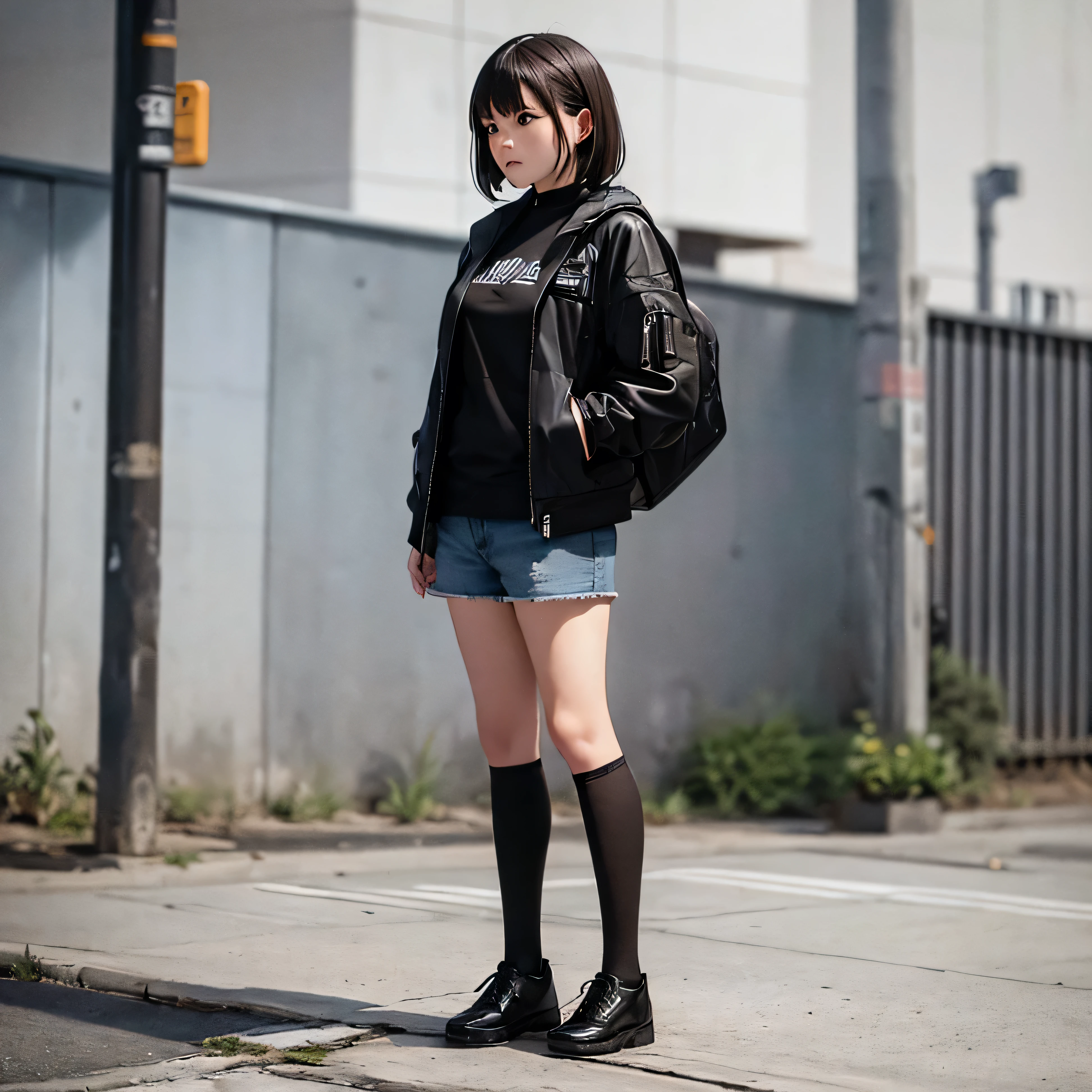 a woman wearing shorts with a jacket and black shirt walking near a fence, 1girl, solo, realistic, backpack, socks, jacket