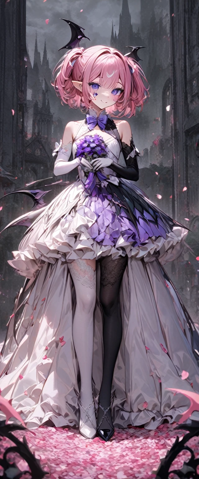 UHD, masterpiece, best quality, extremely detailed, anatomically correct, sharp focus, Midnight, gloomy atmosphere, Church, altar isle, 1girl, solo, camilavtuber, pink hair, short hair, shoulder length hair, fly-away hair, ((Black head wings)), (twin ponytail), PURPLE EYES, PURPLEIRIS, (facial mark), smiling, ballgown wedding dress, white arm sleeves, slim arms, white gloves, holding red bouquet of flowers, small chest, single devil wing, single wing, slim legs, white lace stockings, (white high heels), (full body) , (close-up), innocent pose, eye-level shot, front view, innocent pose, scattered pink petals