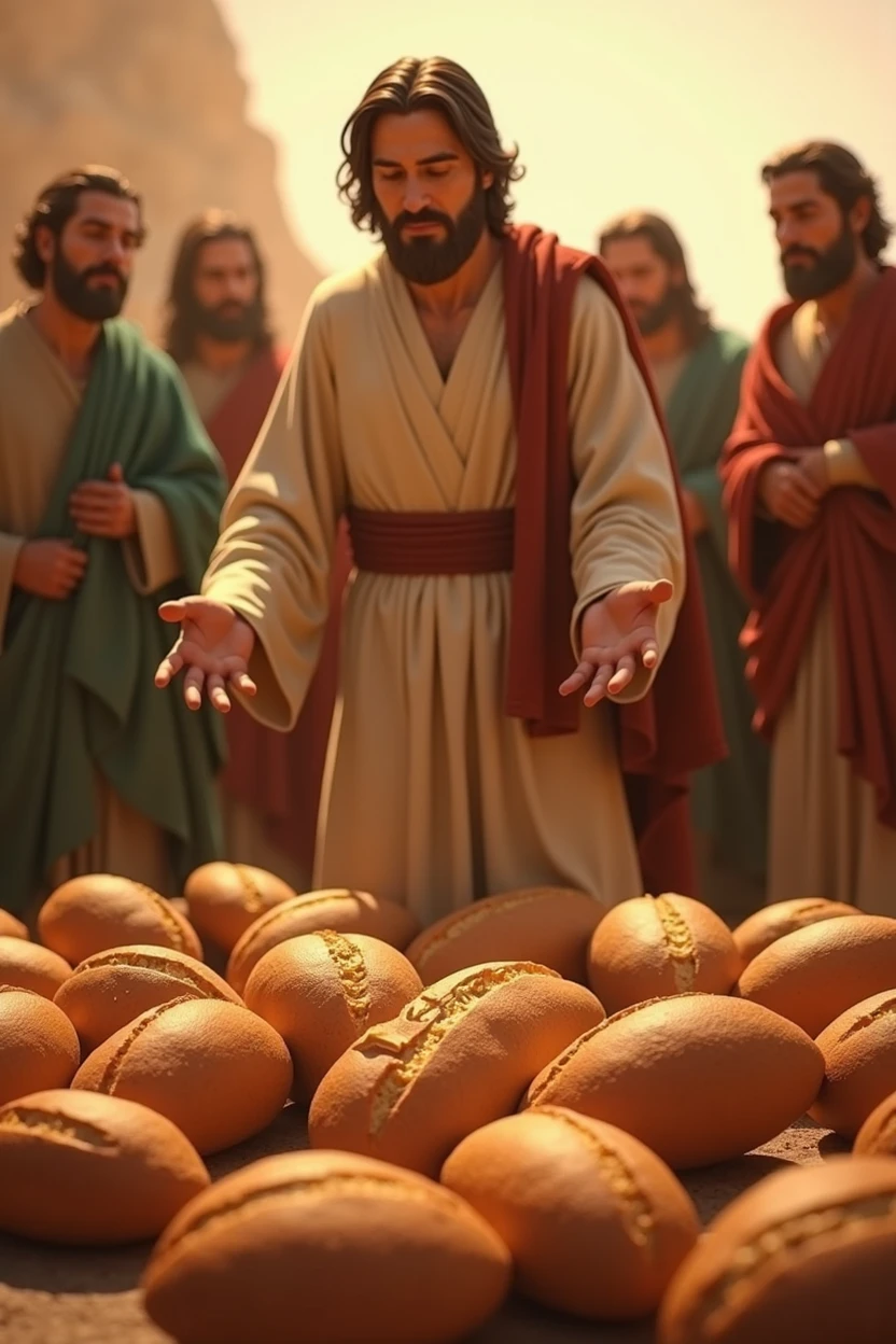Create a Pixar-style recreation of the moment when Jesus multiplies the loaves and fishes