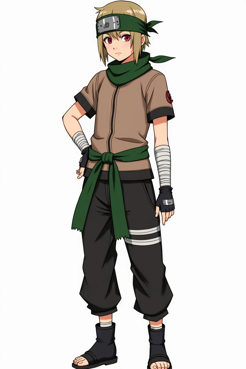 Naruto Style, Whole body, man, Short blonde hair, ojos achinados color rojo , green bandana, Brown short sleeve jacket, bandages on the arms, black fingerless gloves, black pants, green ribbon on her waist, anime, 4k, White background