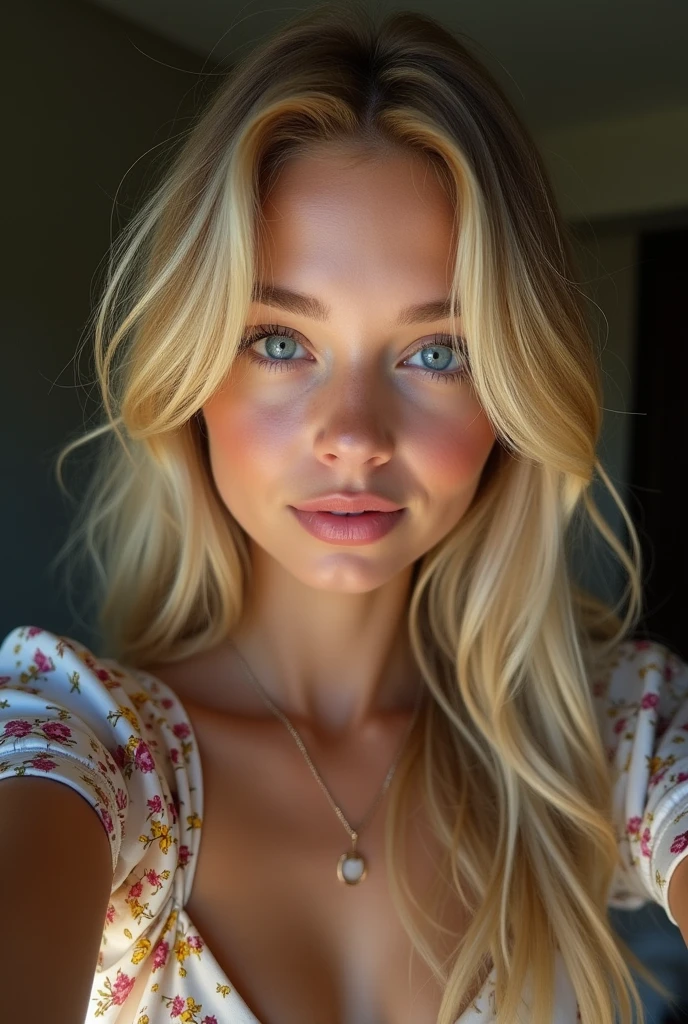 a beautiful girl with long blonde hair, blue eyes, nose, and lips, wearing floral dress, taking a selfie, (Best Quality,4k,8k,High resolution,masterpiece:1.2),ultra detailed,(realist,photorealist,photo-realist:1.37),HdR,studio lighting,extremely detailed face and body., portrait,cinematic lighting,dramatic lighting,warm color tones,dramatic colors