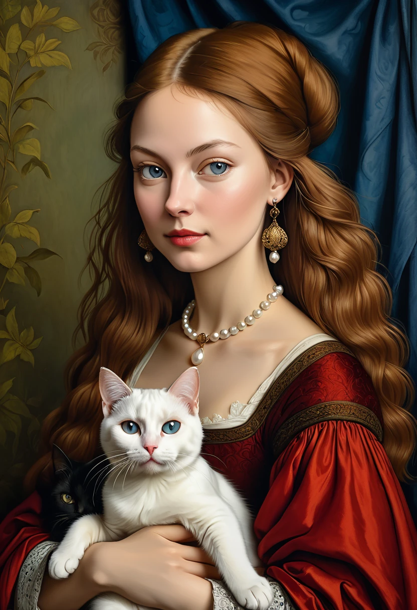 painting of a Woman with a cat in her arms, realistic renaissance portrait, in high renaissance style, in renaissance style, Woman and cat, renaissance portrait, in renaissance style, Woman / cat hybrid, cat with pearl earring, inspired by Jan van Eyck, obra-prima anthropo retrato, cat portrait, inspired by Hubert van Eyck, medieval portrait