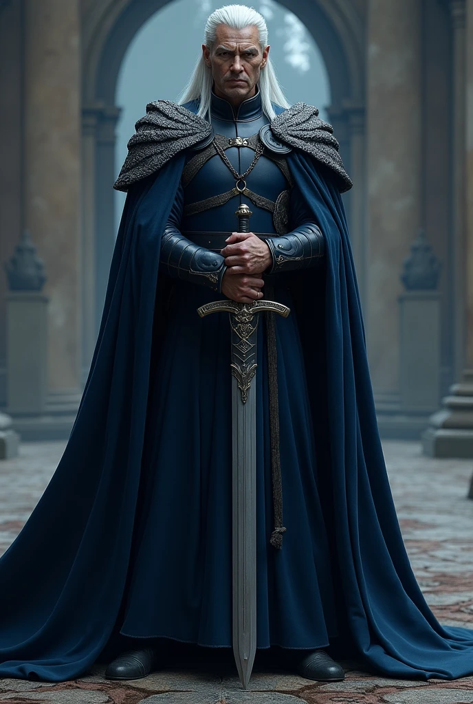 Velaryon, Targaryen, Armor, Man with straight white hair, Daemon Targaryen style, Velaryon version. Imposing dark blue robes and sword in hand with the tip resting on the ground, man. Short hair, realistic extreme