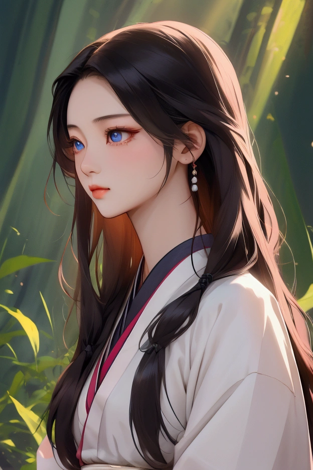 (Highest quality、 8k 、masterpiece、High resolution)、(Chinese Drama、Changgexing、Li Changge、Dililaba)、Tang Dynasty、Changan、1 Female、Beautiful young person、blue eyes、Pretty lips、(Anime Beauty)、(Anime Art)、A single tear、Light colored long hair、Light pink Hanfu、Twilight Forest、古いChanganの街並み、Official Art、Detailed CG、