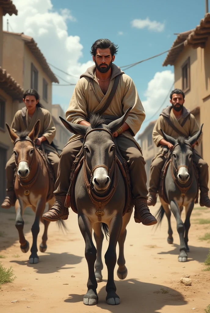 A 18 year boy and his father both riding on a donkey and 3 people angree at them in olden times