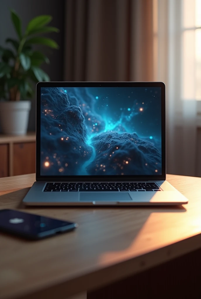 A desk with an open laptop in the center. The laptop screen shows that it is on, with an image or interface visible on it. The laptop has a modern and elegant design ,detailed, masterpiece, Best Quality, High resolution, smile