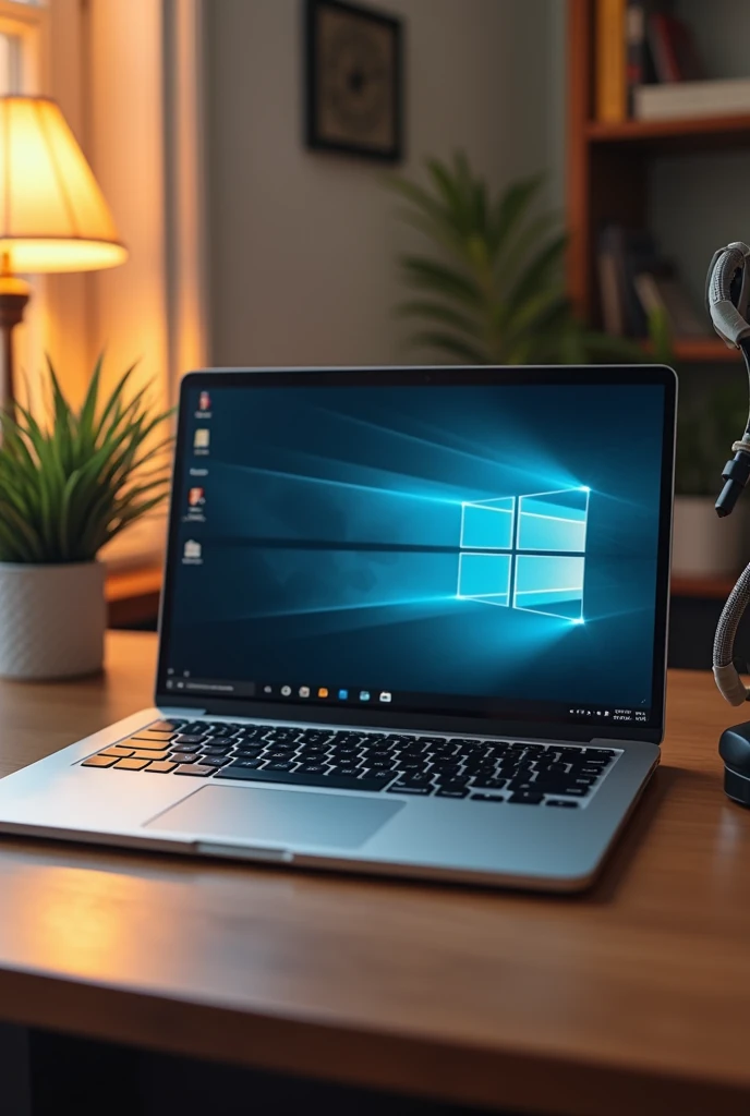A desk with an open laptop in the center. The laptop screen shows that it is on, with an image or interface visible on it. The laptop has a modern and elegant design ,detailed, masterpiece, Best Quality, High resolution, smile 