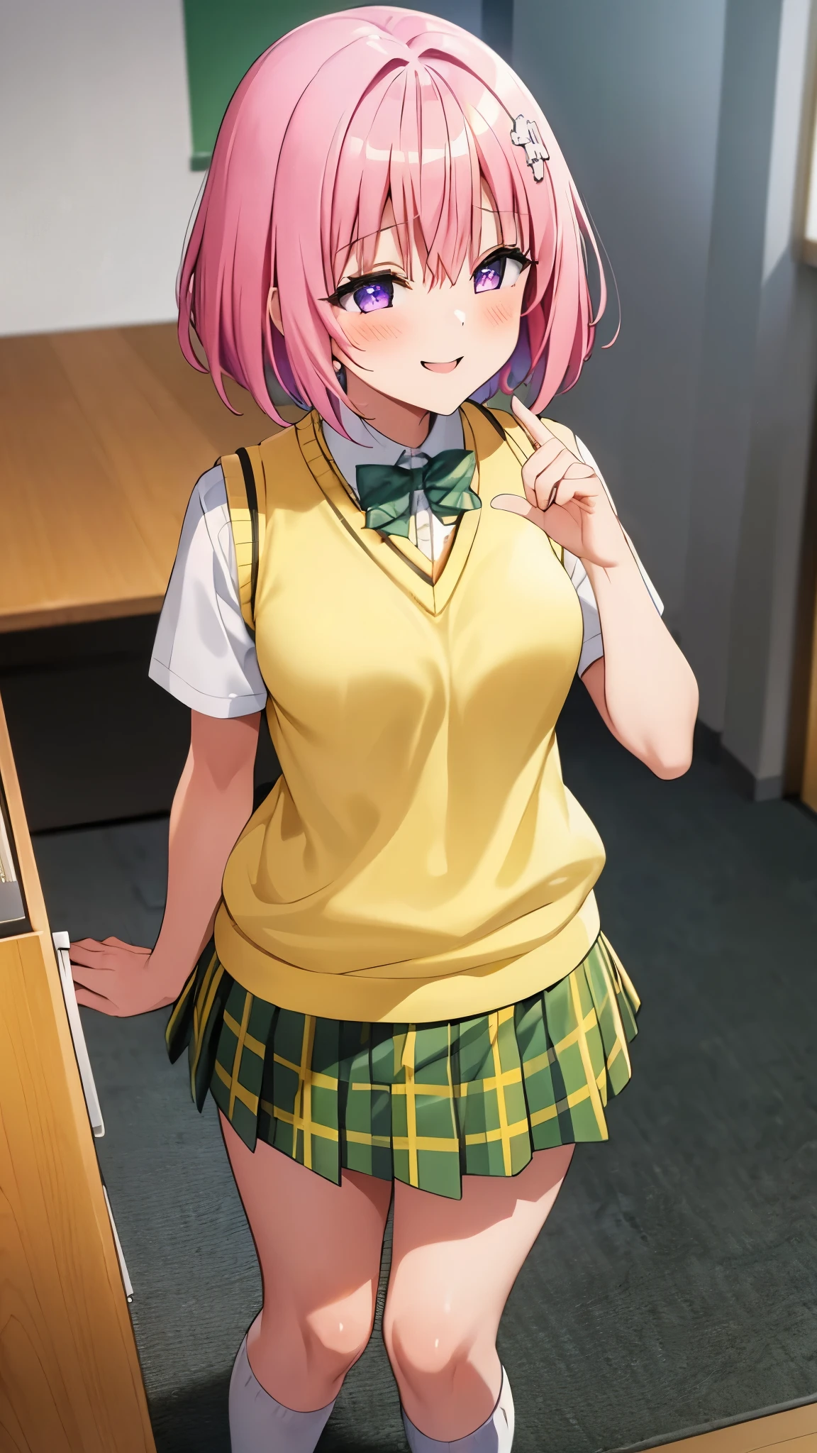 8k,Highest,quality,(highest quality:1.1), (masterpiece:1.4), (Confused:1.0),
1 girl, Momo Deviluke, hair ornaments, Bobcut, Short Hair Pink Hair, Purple eyes, Medium chest, green skirt, Plaid, Plaid skirt, sainan high school uniform, skirt, Sweater vest, Knee socks, (Yellow Sweater:1.5), Short sleeve,classroom, (blush:1.2), smile,(Perfect Fingers),mesugaki,