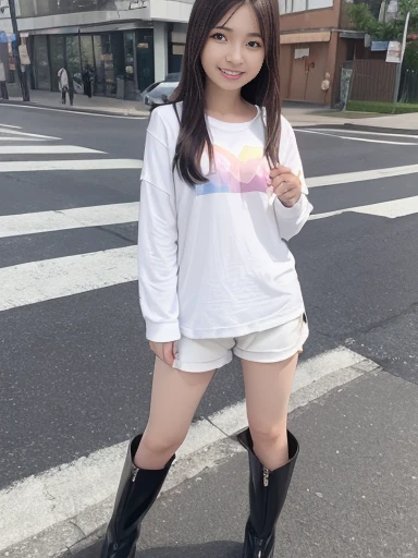 Japanese female, (underweight), (flat chest best quality:1.3), 30-year-old, (cheerful grin:1.3),
colorful sidewalk, (car), standing, (long-sleeved t-shirt), (white shorts), (black boots), long shot, from below