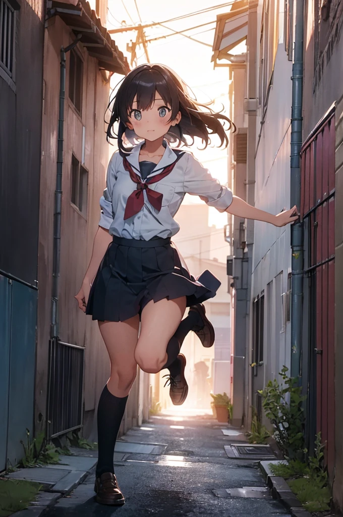 one girl in school uniform with a grey cat jumping, alleyway, sunset, 50mm lens