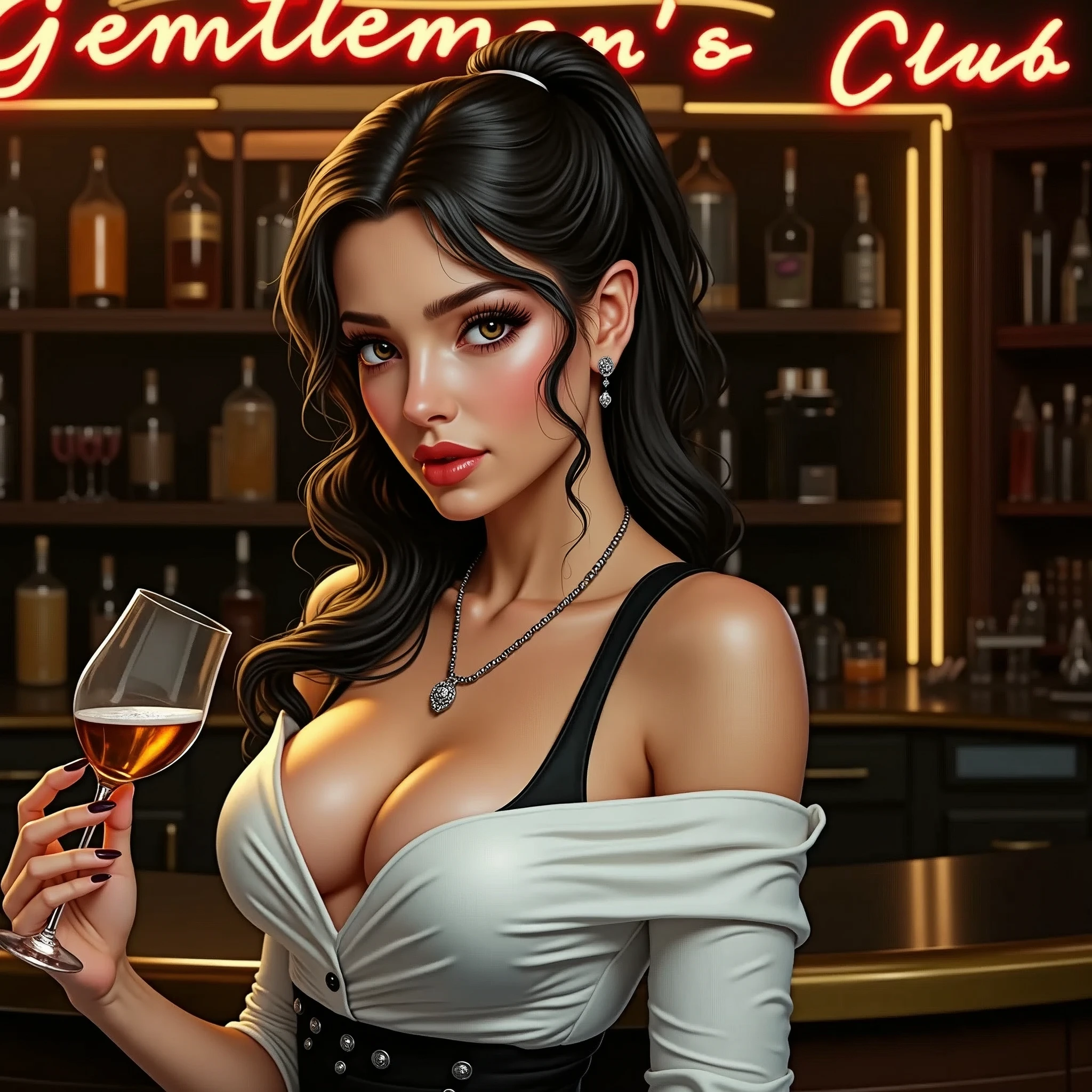 1 female bartender at an elegant gentleman's club, beautiful detailed eyes, beautiful detailed lips, extremely detailed face and hair, bartender uniform, fancy bar counter, dimly lit lounge, neon sign, moody lighting, cinematic composition, photorealistic, hyper detailed, (best quality,8k,highres,masterpiece:1.2),ultra-detailed,(realistic,photorealistic,photo-realistic:1.37),cinematic lighting,dramatic shadows,warm color tones,chiaroscuro