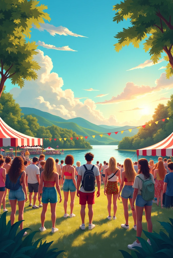 Central Imagery: The cover features a lively outdoor festival scene set in the midst of a picturesque summer day. In the foreground, a group of friends is gathered, enjoying the festivities with bright smiles and colorful attire that blend modern streetwear with a touch of retro Y2K fashion. They are surrounded by various festival elements like booths, string lights, and decorative banners fluttering in the breeze.Background Elements: The background shows a lush, green landscape with trees and a serene lake reflecting the clear blue sky. In the distance, there are gentle hills, and a setting sun casts a warm, golden glow over the entire scene, creating a nostalgic and dreamy atmosphere. The sky is filled with soft, pastel colors, hinting at the end of a perfect summer day.