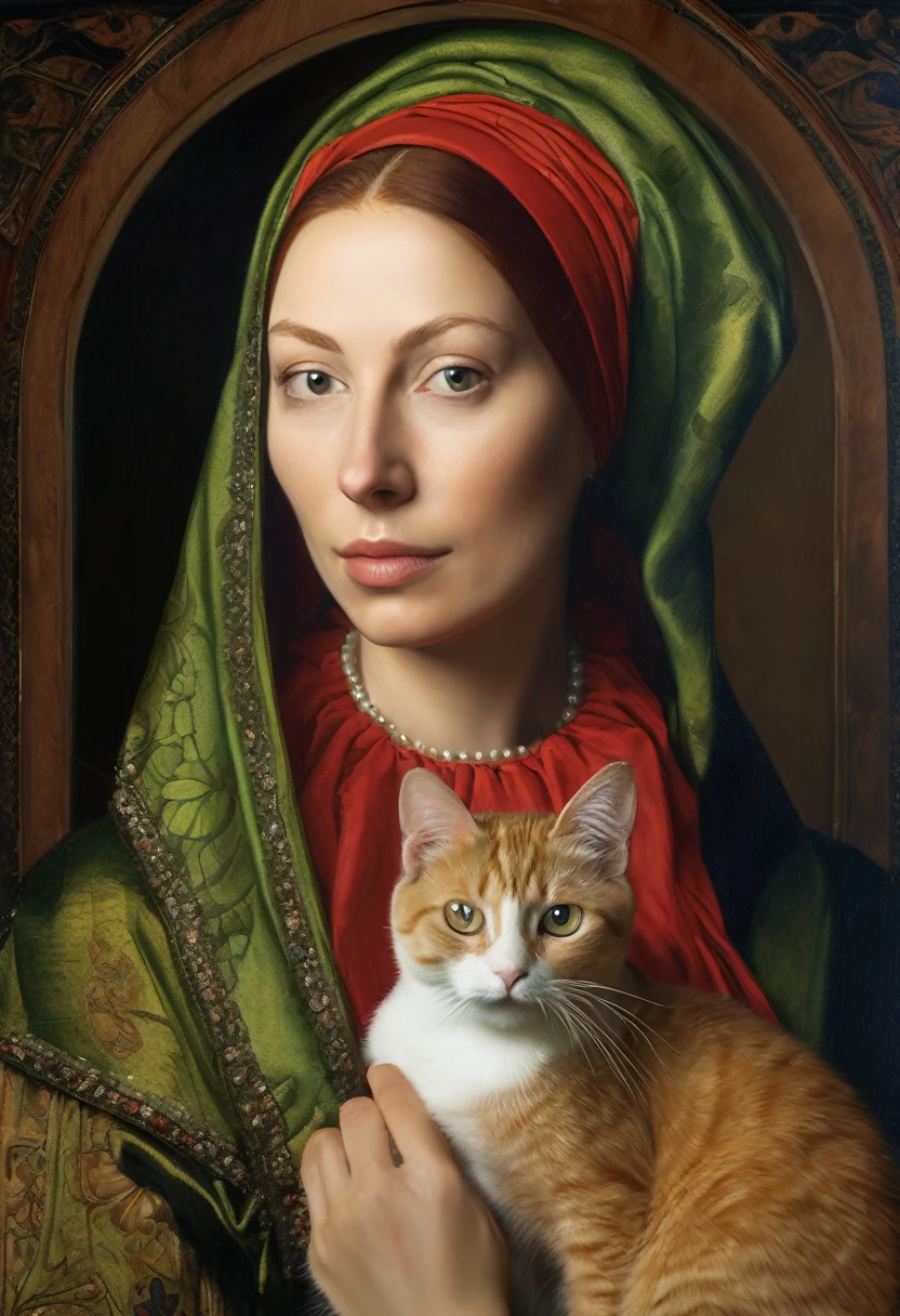 painting of a Woman with a cat in her arms, realistic renaissance portrait, in high renaissance style, in renaissance style, Woman and cat, renaissance portrait, in renaissance style, Woman / cat hybrid, cat with pearl earring, inspired by Jan van Eyck, obra-prima anthropo retrato, cat portrait, inspired by Hubert van Eyck, medieval portrait