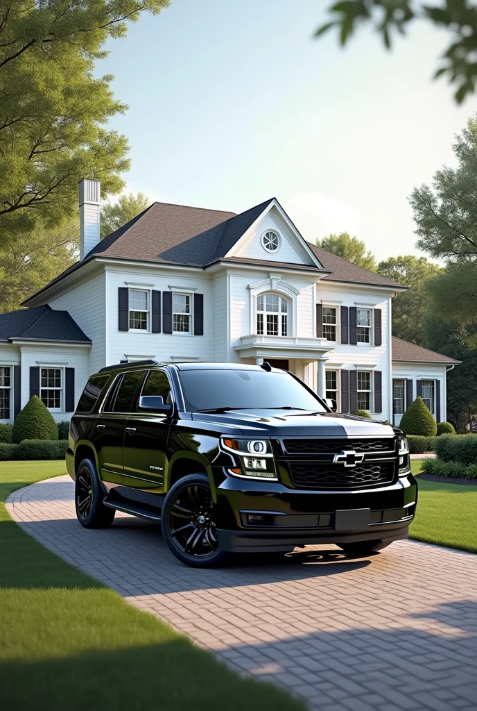 Nice home in collierville Tennessee with a black 2016 Tahoe truck with black rims. *HYPER REALISTIC*