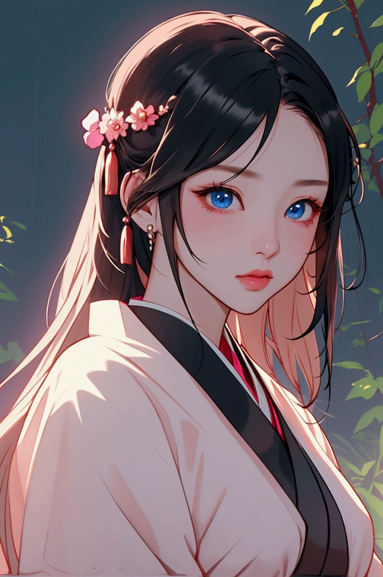 (Highest quality、 8k 、masterpiece、High resolution)、(Chinese Drama、Changgexing、Li Changge、Dililaba)、Tang Dynasty、Changan、1 Female、Beautiful young person、blue eyes、Pretty lips、(Anime Beauty)、(Anime Art)、A single tear、Light colored long hair、Light pink Hanfu、Twilight Forest、古いChanganの街並み、Official Art、Detailed CG、