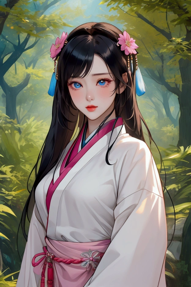 (Highest quality、 8k 、masterpiece、High resolution)、(Chinese Drama、Changgexing、Li Changge、Dililaba)、Tang Dynasty、Changan、1 Female、Beautiful young person、blue eyes、Pretty lips、(Anime Beauty)、(Anime Art)、A single tear、Light colored long hair、Light pink Hanfu、Twilight Forest、古いChanganの街並み、Official Art、Detailed CG、