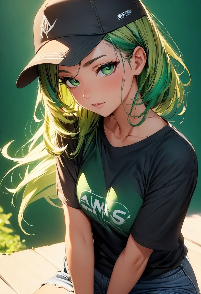 (highest quality:1.2, Very detailed, up to date, Vibrant, Ultra-high resolution, High Contrast, masterpiece:1.2, highest quality, Best aesthetics), Portraiture、girl、((25 years old:1.5)), (slim:1), 25-years-old, (black trucker cap:1.3), green t-shirt, jeans, Bright colors、Beautiful fine details、Beautiful lip detail、long hair, (low ponytail:1), white and yellow green ((streaked hair:1.6)), highlights hair: 1.5, (small breast,:1) (tan skin:1.1), ((Plain green background:1.6)), lineart, ((two toned:1.7)), ((cowboy shot:1.5)), clean line drawings, look at viewer
