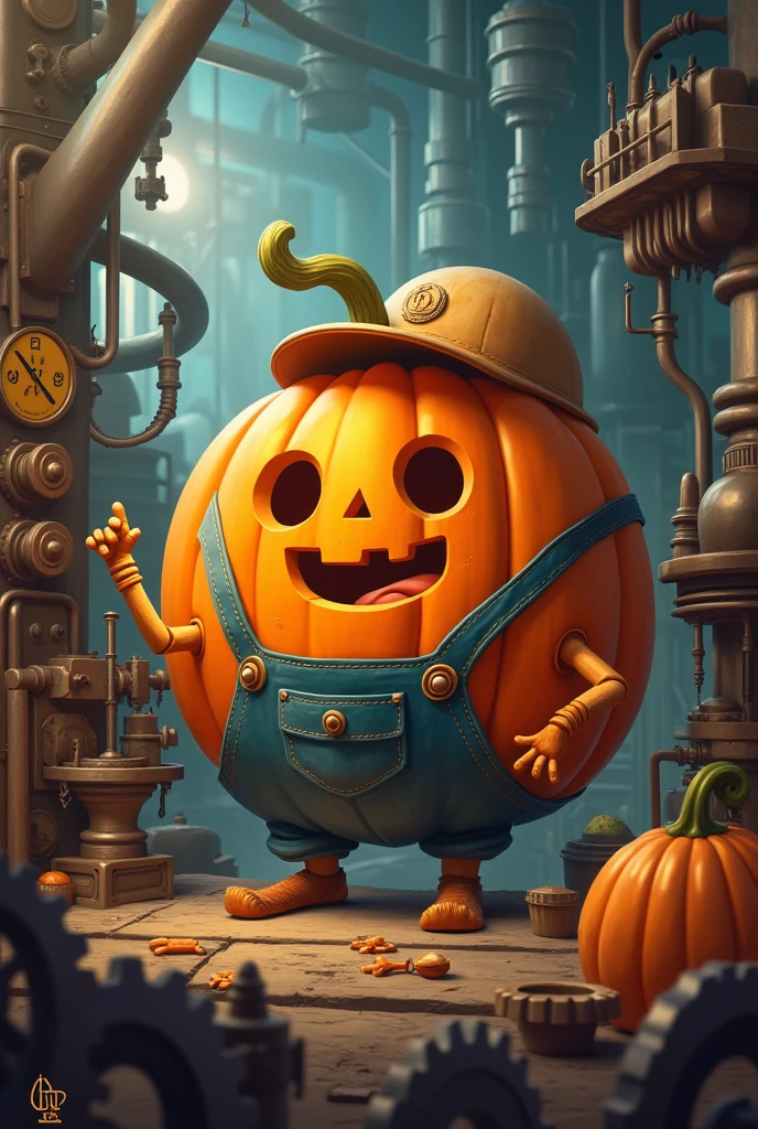 Pumpkin character working in a factory
