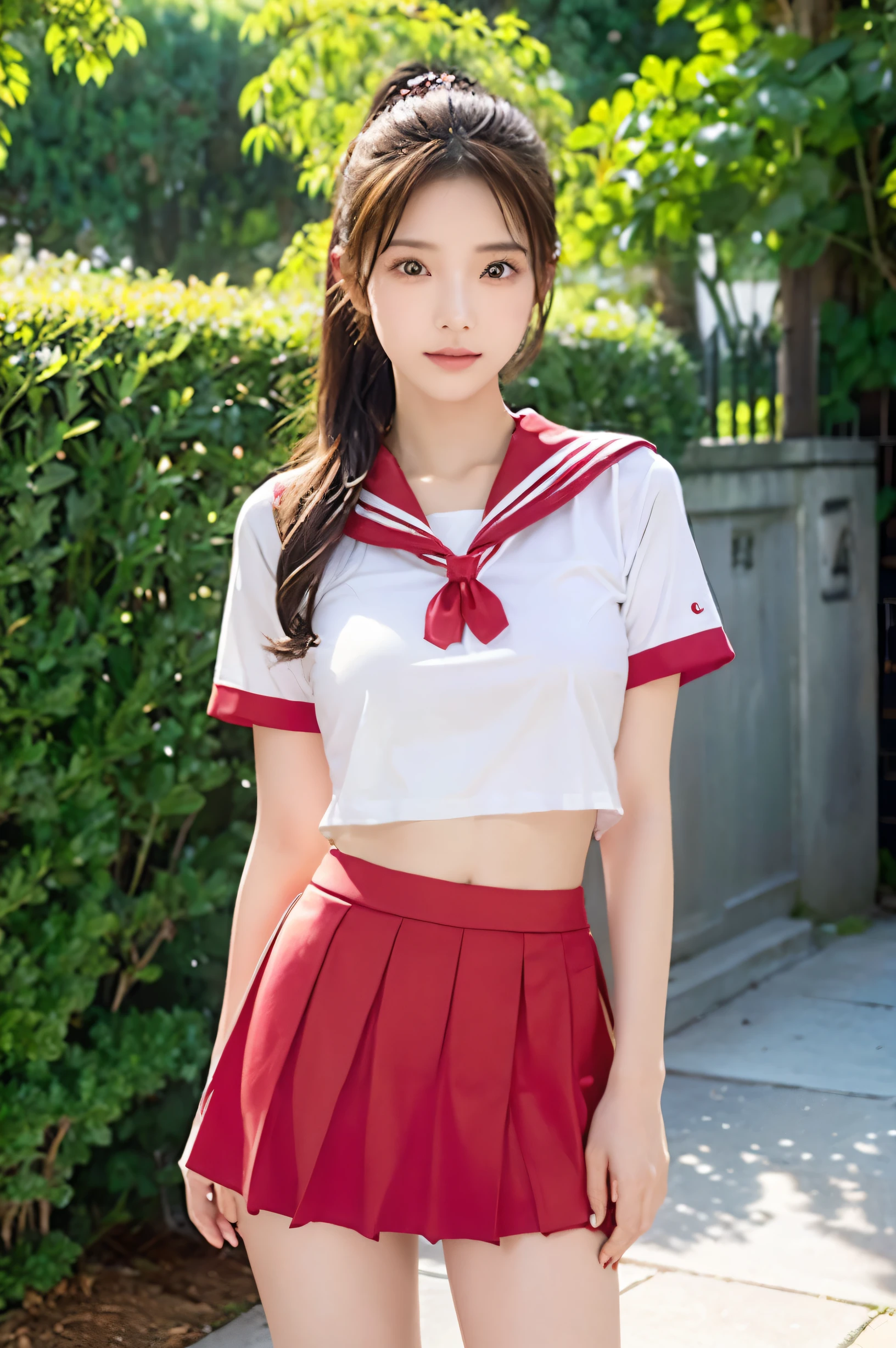 (Ultra HD), (Red sailor suit, Red short skirt), Big Breasts, slender, Narrow waist, (The belly button is visible:0.6), whole body, Standing posture, (Clean and shiny skin, Whitening, No makeup), (Super slim face, Super beautiful face), (ponytail, Layered Cut, Fluffy hair), (double eyelid, Slanted Eyes), Small Nose, Thin lips, Thin legs, In front of the school gate