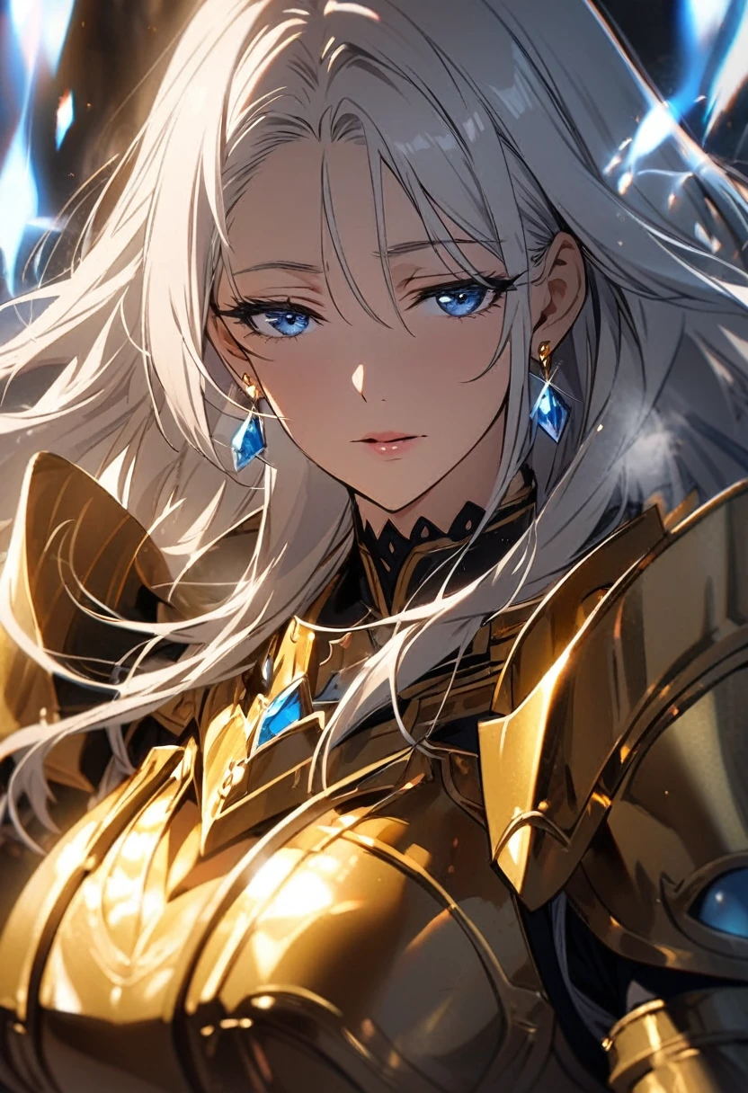 girl, blue eyes, long hair, white hair, mature, diamond earings, holo, light aura , golden armor, macro picture, half eyes