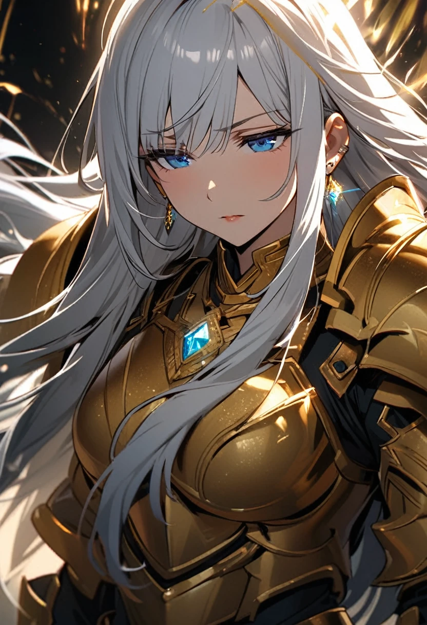 girl, blue eyes, long hair, white hair, mature, diamond earings, holo, light aura , golden armor, macro picture, half eyes