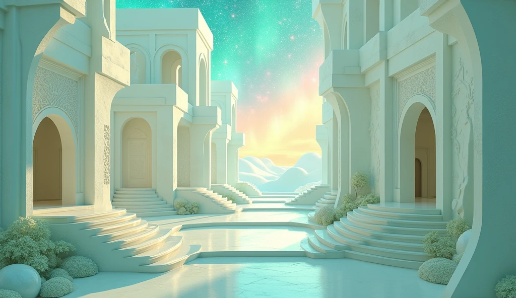 (Cosmic Sky View.) Ciel Aurore (Holo Scintillant Colors). Un Dédale en murs (Poudre Blanc Crème) des escalier des Entrées des Sorties Intriquer Complexité. Un Dédale aseptisé Doux. (Vert Tendresse)  [Ligne Labyrinthe Lisse]. (Jardin Secret.) [Esthétique Color Léchée].  [Vast Huge Point of View.] Magic Isométrique Dédales.