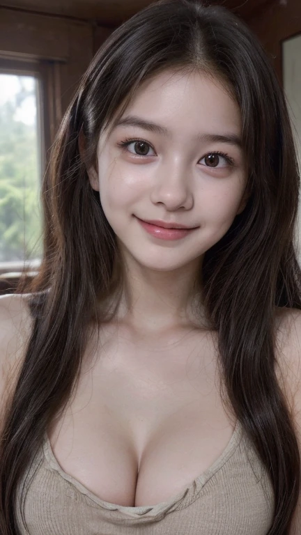 (8k,High resolution、masterpiece、High resolution、detailed、Highest quality、Surreal、RAW Photos)、student、One Woman、、Young、Cute face、Real Skin、Long Hair、18-year-old、、Brown eyes、Black Hair、smile、Tank top、Inside the house