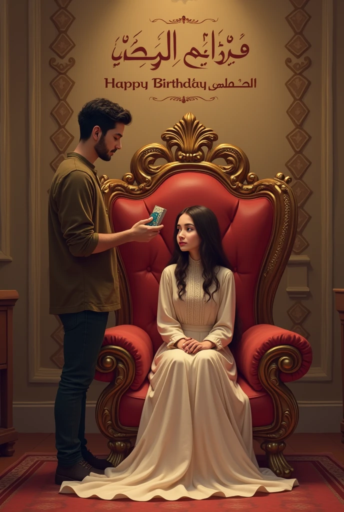 Create an realist ai  image of a 18 year old girl named swastika who is sitting on a queen chair whome a boy named irfan give her a birthday wish and on the back side there is a wall on which swastika is written in English and Arabic 