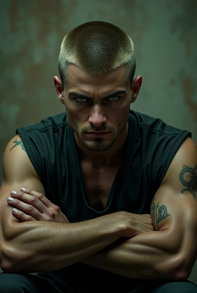 white man, hot, handsome, wide jawline, big nose, green eyes, dark circles, black tank top shirt, evil eyes, young, villain, robber, psycopath, veiny hands, veiny arms, big hands, dark blonde hair, buzz cut, very thick upper lips, square chin, shaved.