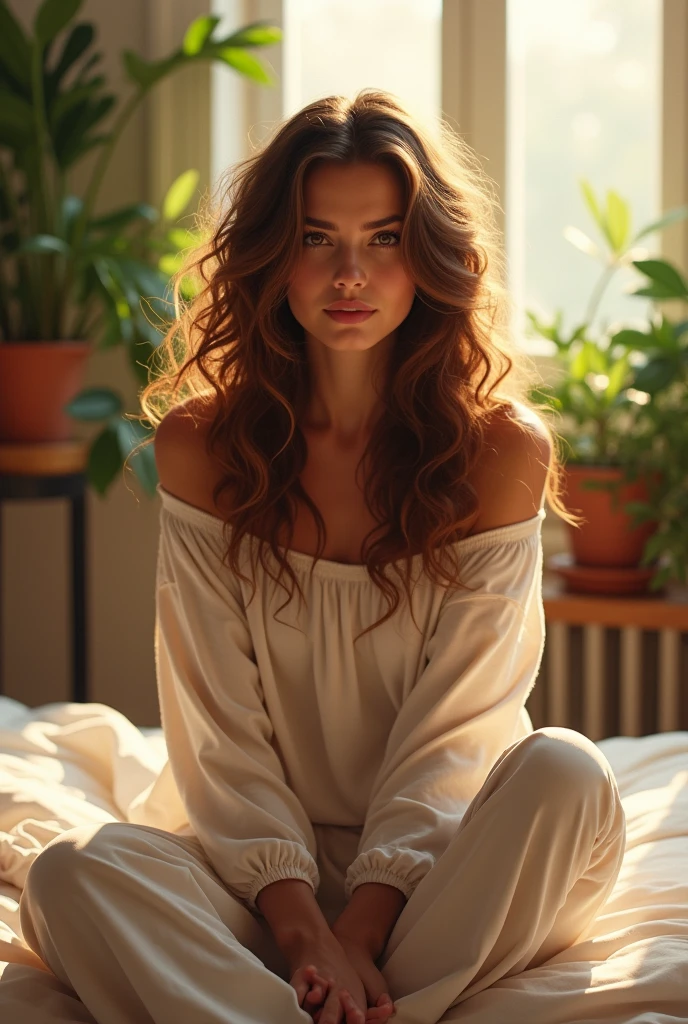 (photorealism:1.2), beautiful woman, sitting on bed, wearing loose off-shoulder top, pajama pants, long curly hair, indoors, soft lighting, plants in background, window with sunlight, cozy room, relaxed pose, realistic, intricate details, warm colors, by Greg Rutkowski, by Alphonse Mucha