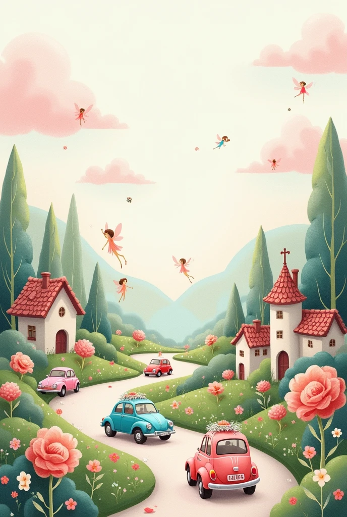 cute invitation with cars and fairies pastel colors only and small cars and fairies cars all around it’s like a fairy town more cars