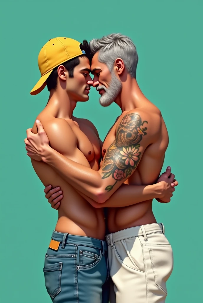 Shirtless white man with grey chest hair wearing blue jeans, hugging a tanned shirtless muscular young man with a flower tattoo on his arm wearing white shorts and a yellow cap on an aqua green background