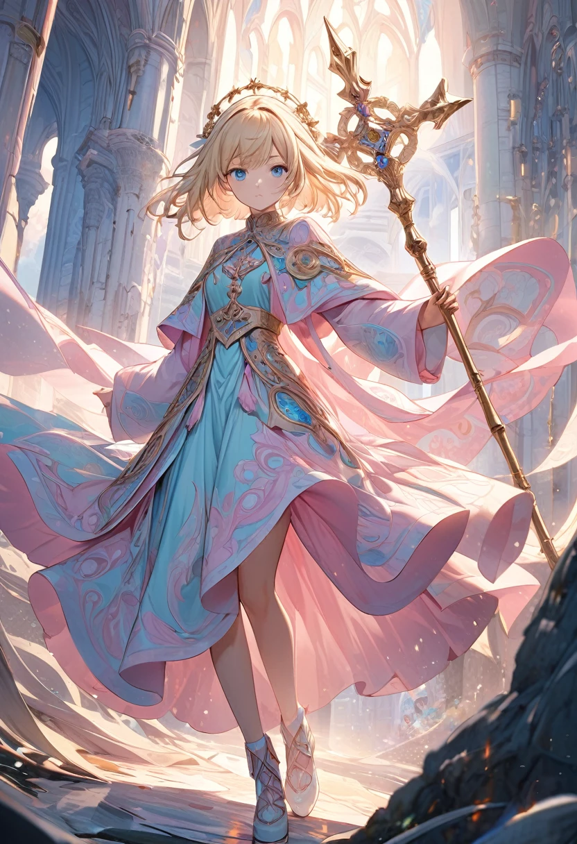 anime,full body.In a world painted by vivid imagination, a girl in a pastel pink priest costume is depicted with extreme detail and high resolution. Her pastel blond hair blue eyes, capturing a sense of mystery and strength. The image, perhaps a digital painting, showcases the intricate details of her intricate costume and features. The pastel colors create a serene yet powerful atmosphere, drawing viewers into a dynamic action scene where the girl's presence is both ethereal and captivating.hold Holy Staff