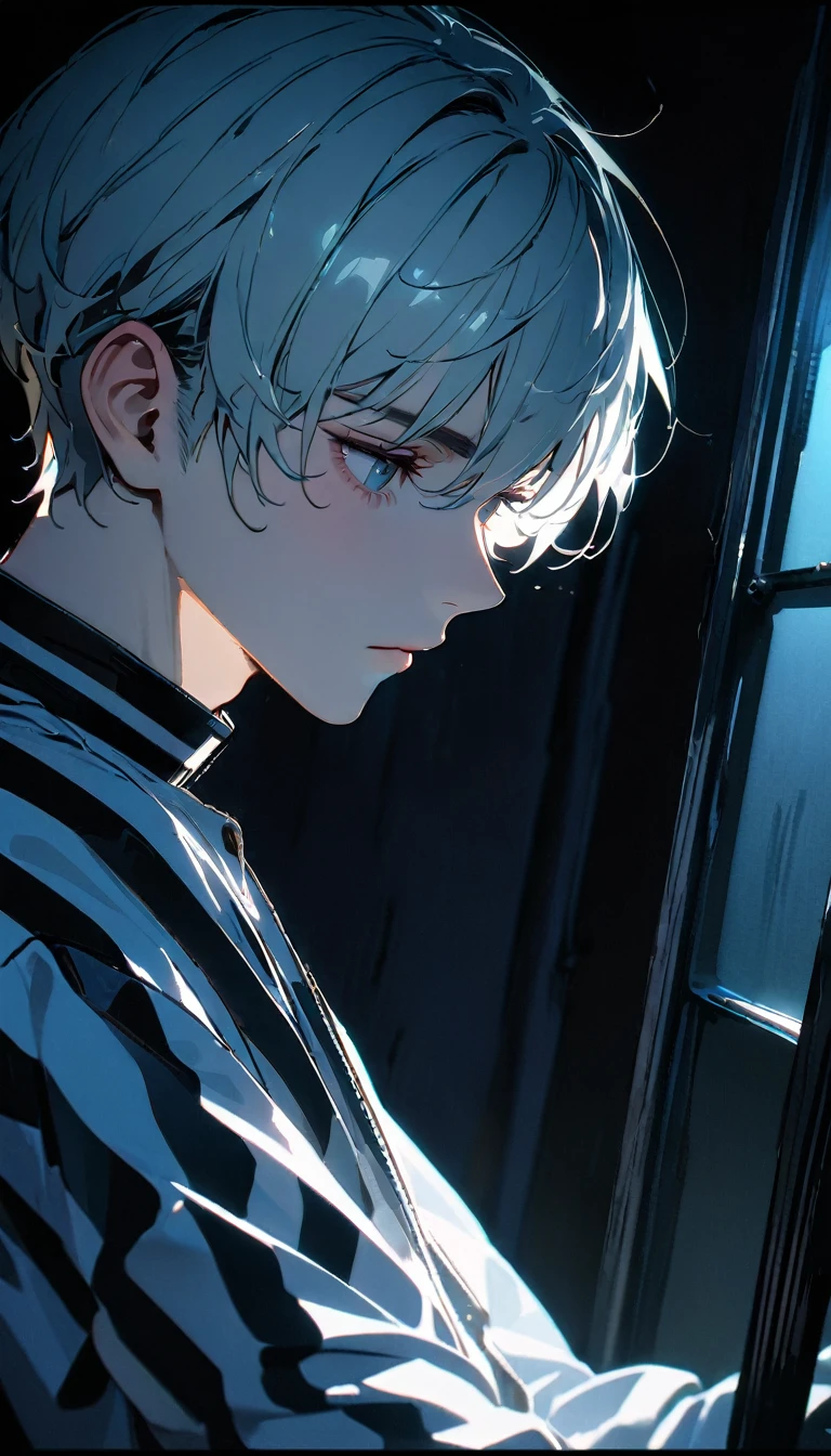 (8k, best quality, masterpiece: 1.4), (((Boy examining himself)))，Ultra-high resolution, Extremely detailed, Dim Lights, Upper body close-up, handsome boy, black eyes, (delicate eyes, Eyes are bright:1.2), Gray short hair, Fair skin,dark, Black and white striped prison uniform,Black and white striped prison pants,(perfect anatomy:1.2), High-quality shadows, Natural Lighting, (White highlights:1.2), night, cloudy day, (Dimly lit cells:1.2), (Metal walls all around:1.2)