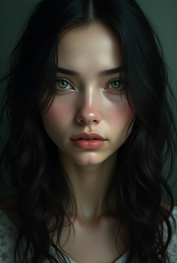 Woman with black hair and green eyes, focus on the eyes 
