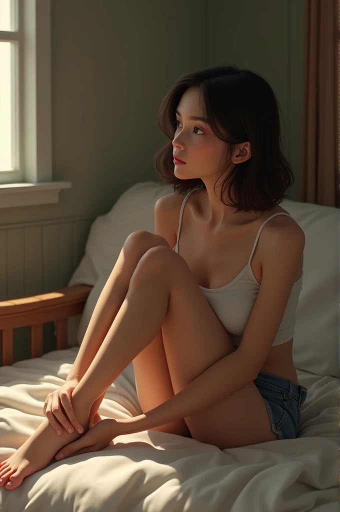 image of a girl sitting with her feet up, showing the soles of her bare feet as she sits in a relaxed pose, with legs bent and feet up.