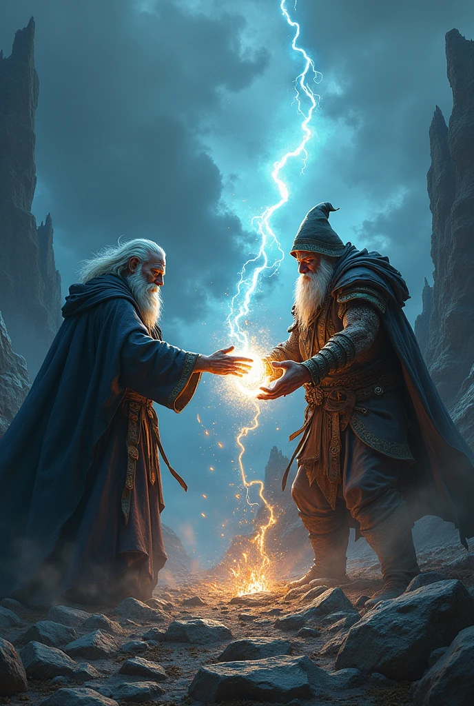 A human wizard fighting a dwarf wizard in DARK fantasy style photo
