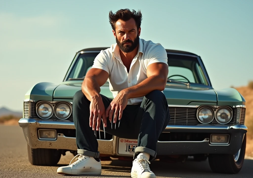((hyperrealistic)), ((best quality)), ((masterpiece)), (detailed), marvel wolverine very muscle hugh jackman sitting on lowrider with angry face and his claws out of his hands , wears mexican athletic white shirt and white converse shoes. mid range photo