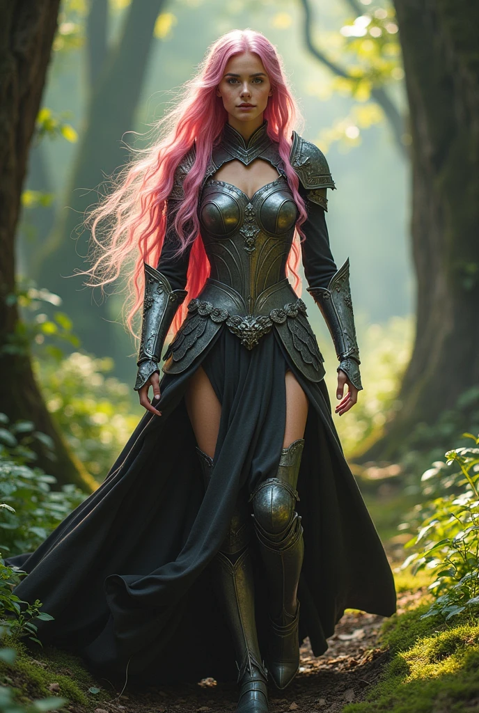beautiful woman with long pink hair and hazel eyes, clad in tarfaryen armor, walking in a forest. full-body image.