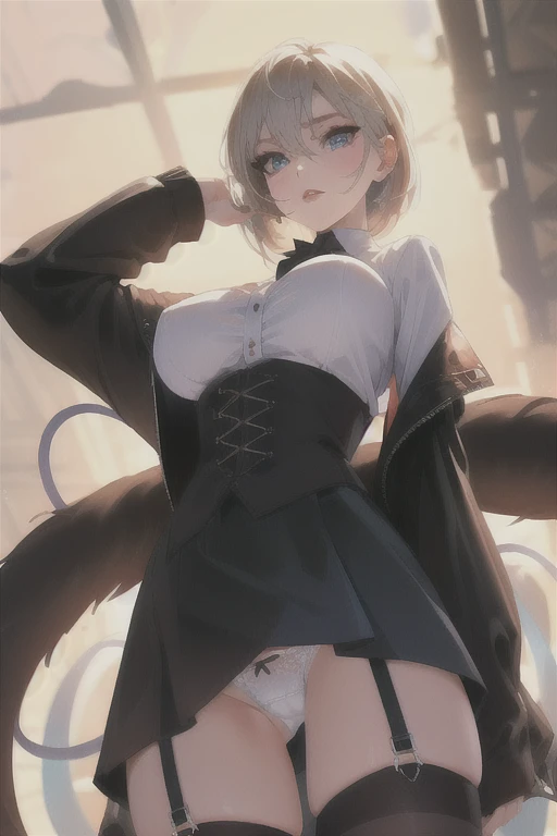 realist, 1,4k, Girl, Gothic, hits, two tails, cowboy shot, mini skirt, thighs, big breasts, by the wide, model 2b, make up, eyeliner, shadow, white panties, masterpiece, Best Quality, ((view from below))