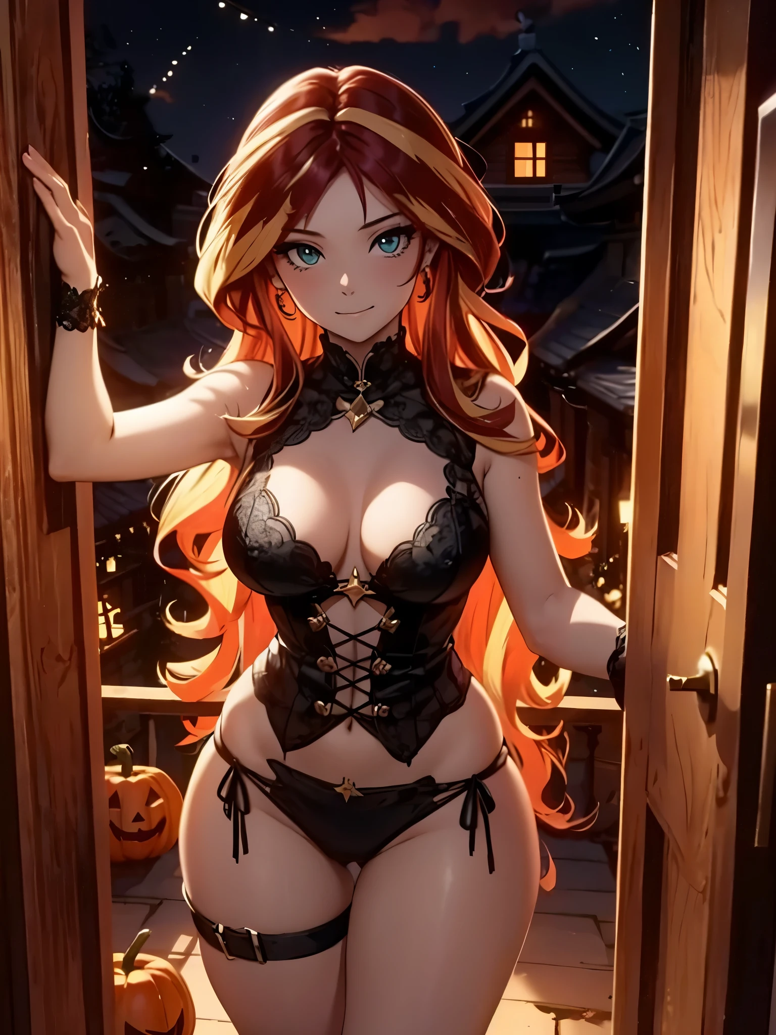 sunsethuman, two tone hair, red and yellow hair, medium breasts, cleavage, giving candy on halloween night, wearing witch outfit, outside door, trick or treat, seductive, leaning down, giving candy, leaning down