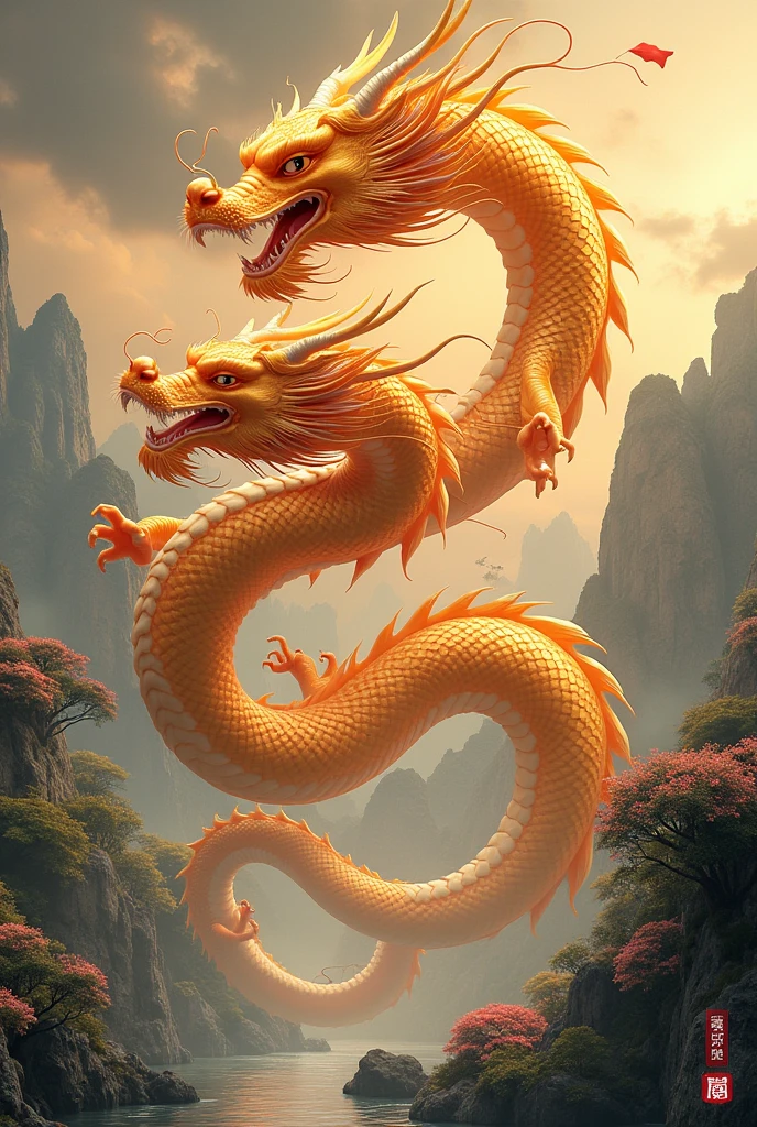 Chinese style golden dragon,Dragon and Dragon Chain,A group of dragons,background chinese style,Mountains and rivers,dragon huge,flag waving