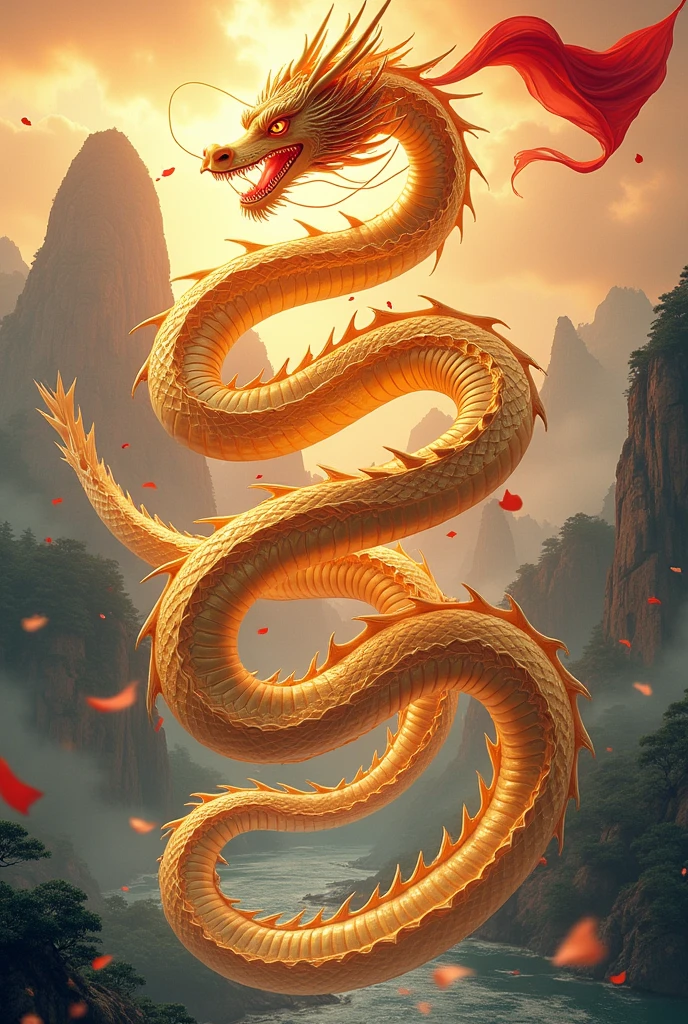 Chinese style golden dragon,Dragon and Dragon Chain,A group of dragons,background chinese style,Mountains and rivers,dragon huge,flag waving