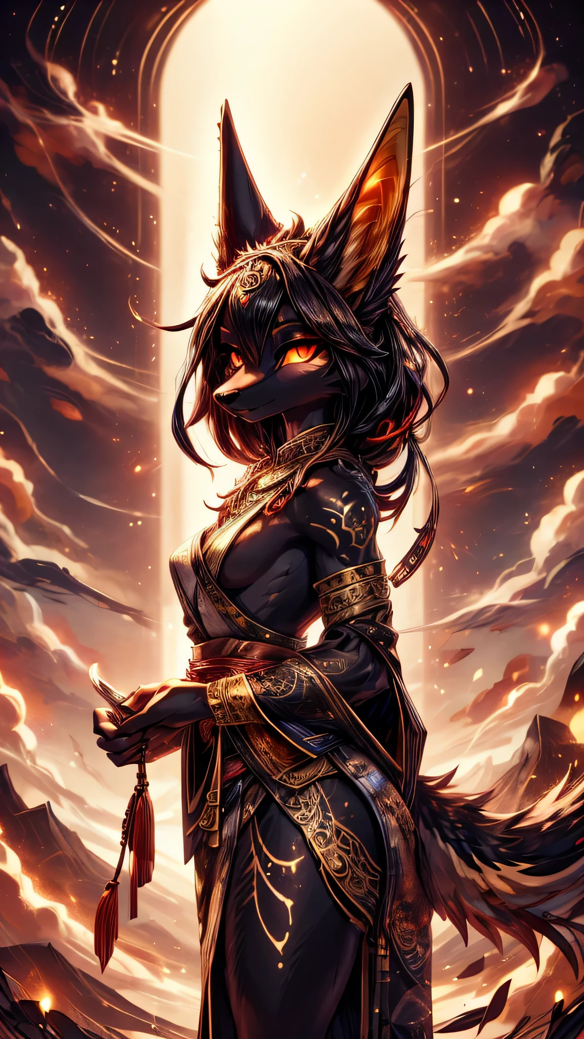Masterpiece Best quality, the best definition to add aesthetic and lighting details black girl jackal, egiptian clothes, girl, black body, japanese shrine landscape, golden tattoo body, sensual eyes, red pupil, glowing eyes.luz que cae del cielo sobre ella